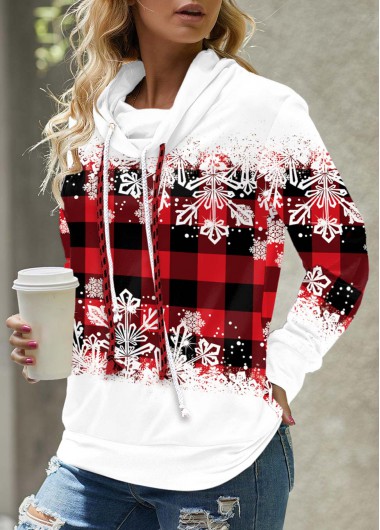 Plaid Cowl Neck Long Sleeve Red Sweatshirt