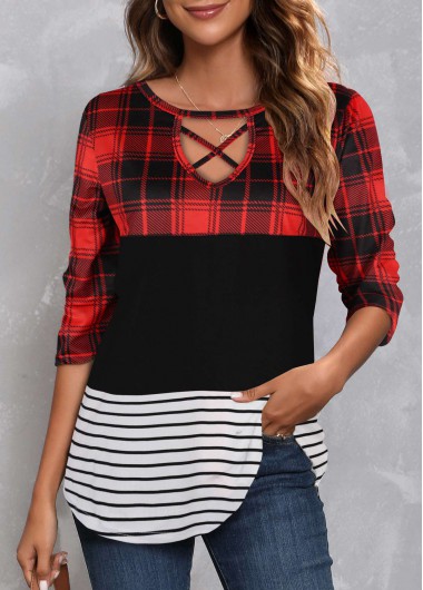 Plaid Patchwork Red Round Neck T Shirt