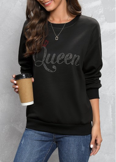 Letter Design Hot Drilling Black Round Neck Sweatshirt