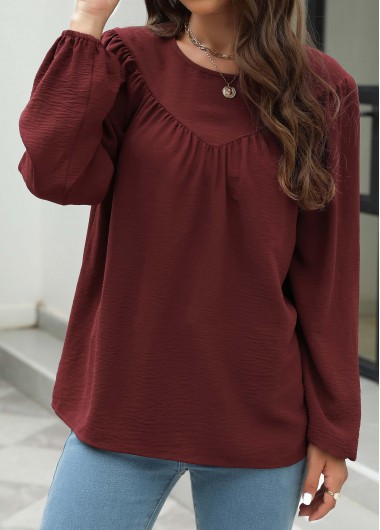 Round Neck Long Sleeve Wine Red Blouse