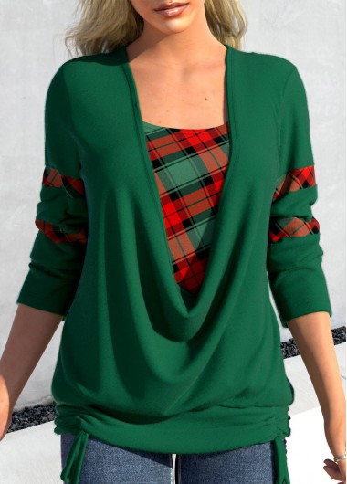 Plaid Drawstring Blackish Green Square Neck Sweatshirt