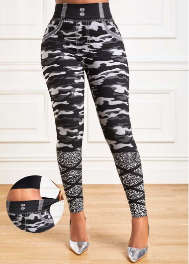 Camouflage Print Grey High Waisted Elastic Waist Leggings