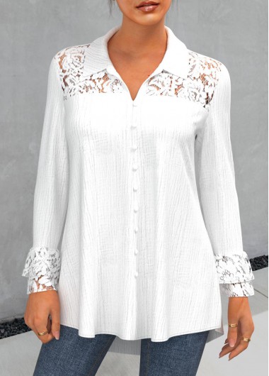 Plus Size Lace Stitching White Turndown Collar Blouse