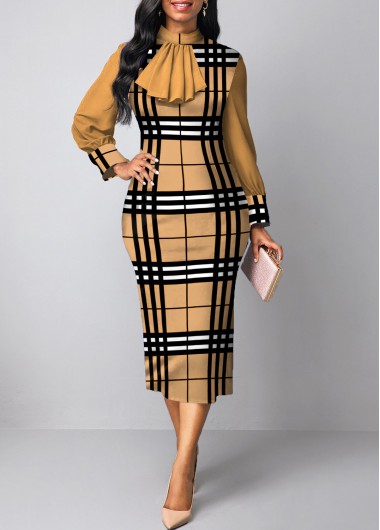 Plus Size Plaid Patchwork Light Camel Stand Collar Bodycon Dress