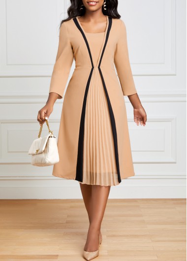 ROTITA Light Camel Square Neck Pleated Dress