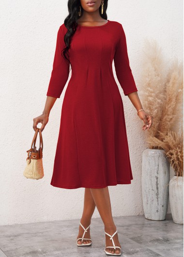 ROTITA 3/4 Sleeve Round Neck Wine Red Dress