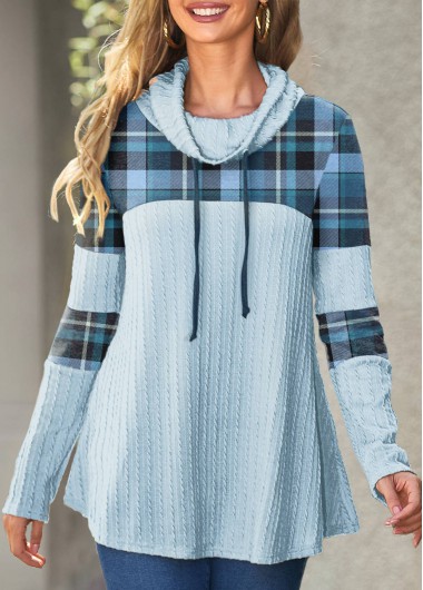 ROTITA Patchwork Plaid Light Blue Cowl Neck Sweatshirt
