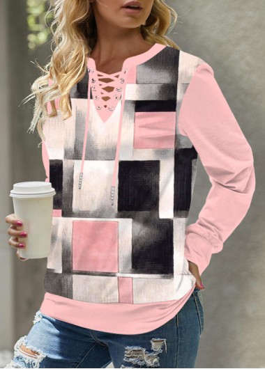 Plaid Lace Up Pink Long Sleeve Sweatshirt