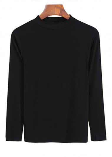 Stand Collar Long Sleeve Black T Shirt