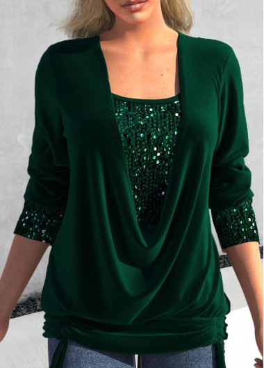 Green Sequin Square Neck Long Sleeve T Shirt