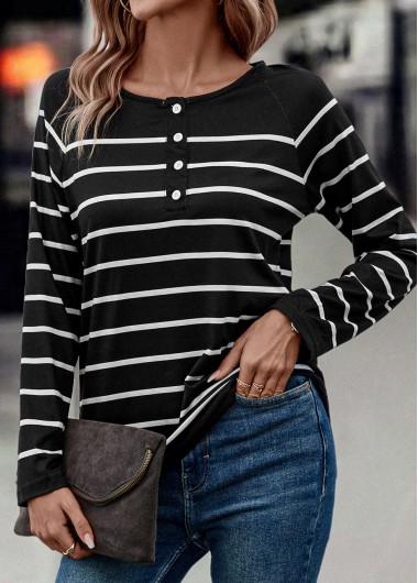 Striped Button Black V Neck T Shirt