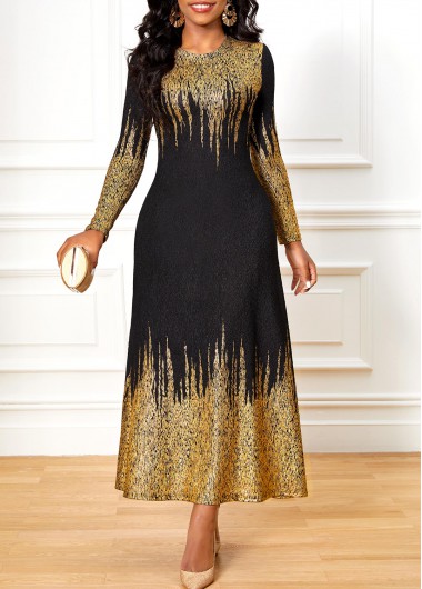 ROTITA Black Hot Stamping Round Neck Ombre Dress