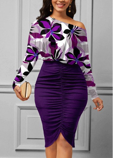 Shirred Floral Print Purple Bodycon Dress
