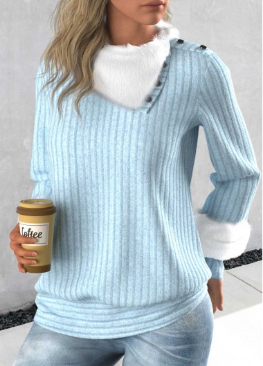 Light Blue Asymmetrical Neck Long Sleeve Sweatshirt