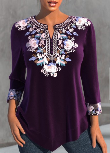 Tribal Print Split Neck Purple Blouse