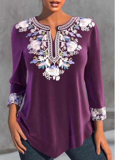 ROTITA Split Neck Tribal Print Purple Blouse