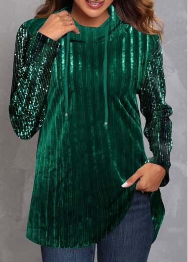 ROTITA Green Sequin Drawstring Velvet Stitching Sweatshirt