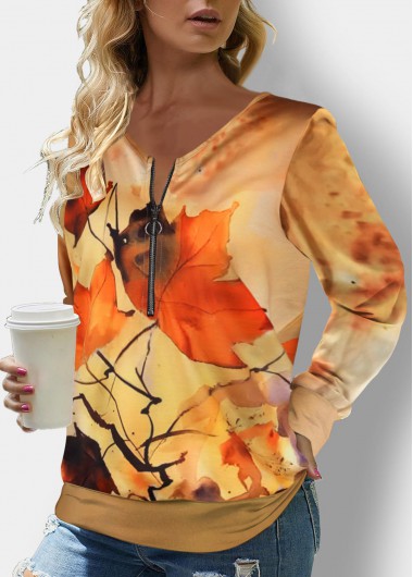 Leaf Print Zipper Ginger V Neck Sweatshirt
