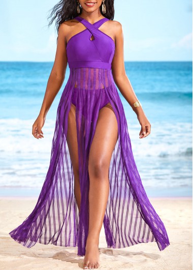 ROTITA Mesh Double Slit Purple Beach Dress