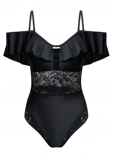 ROTITA Lace Spaghetti Strap Black One Piece Swimwear