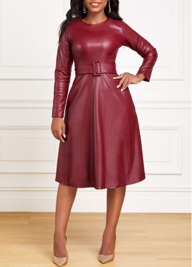 Faux Leather Belted Wine Red Boat Neck Dress