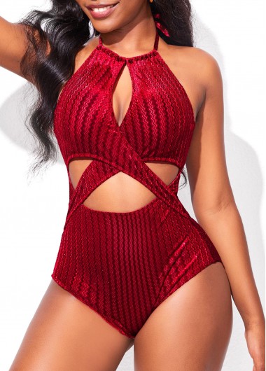 Cutout Criss Cross Wine Red One Piece Swimwear