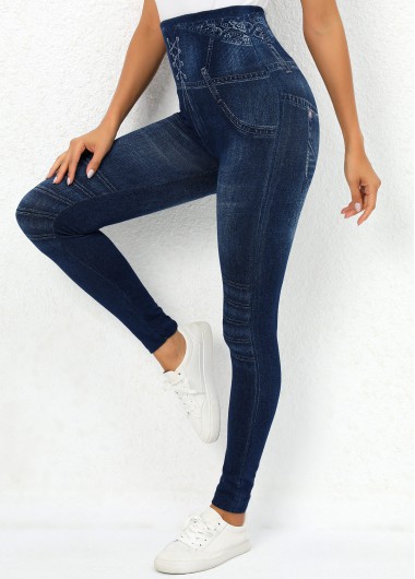 Navy High Waisted Elastic Waist Leggings