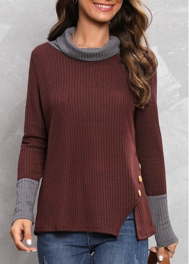 Deep Red Cowl Neck Button T Shirt