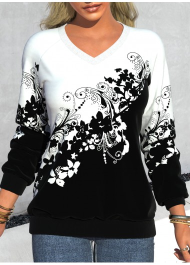 Floral Print V Neck Long Sleeve Black Sweatshirt