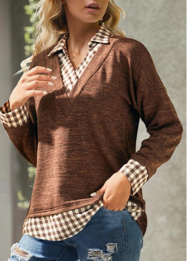 ROTITA Fake 2in1 Plaid Dark Coffee Shirt Collar Sweatshirt