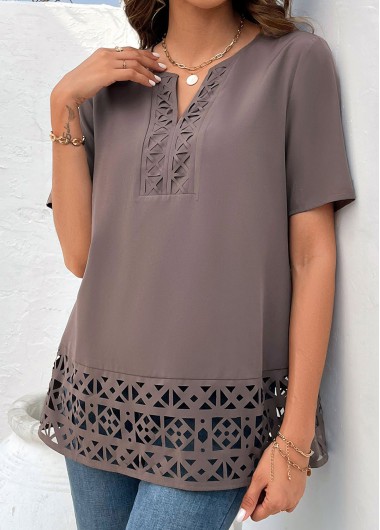 ROTITA Patchwork Light Coffee Split Neck Short Sleeve Blouse