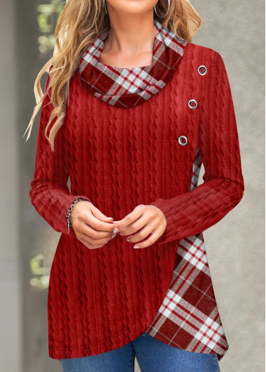 Plaid Twisted Red Cowl Neck Long Sleeve Sweatshirt
