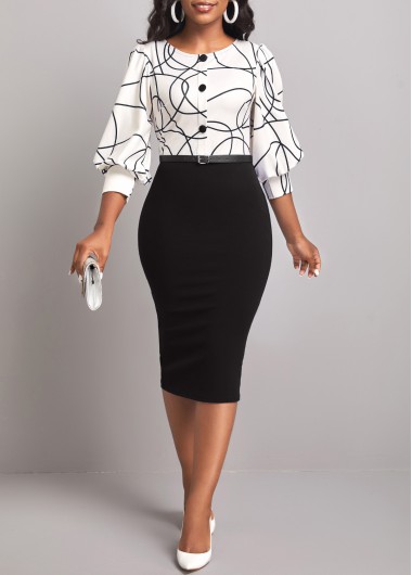 Graffiti Print Black Round Neck Bodycon Dress
