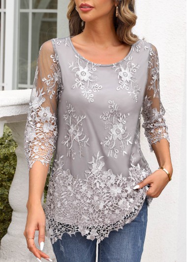 Lace Grey 3/4 Sleeve Boat Neck Blouse