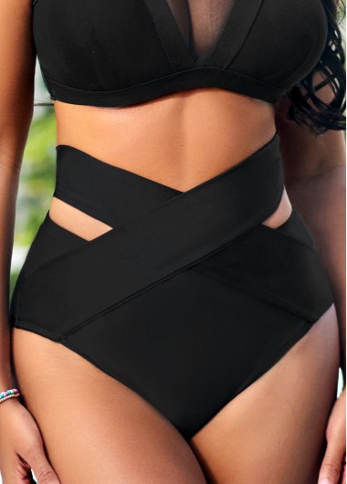 ROTITA Black Cross Strap High Waisted Bikini Bottom