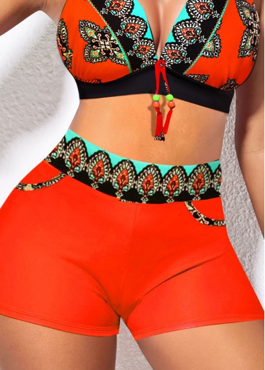 Orange High Waisted Tribal Print Swim Shorts