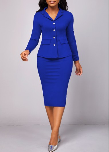 Royal Blue Lapel Long Sleeve Two Piece Suit