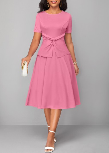 ROTITA Twist Pink Round Neck Short Sleeve Dress