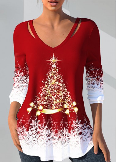 Plus Size Red Christmas Print T Shirt