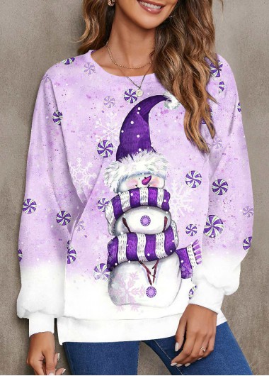 Plus Size Purple Snowman Print Long Sleeve Sweatshirt