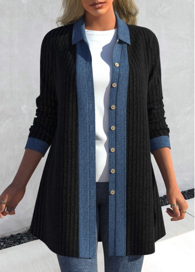 Plus Size Black Long Sleeve Shirt Collar Coat