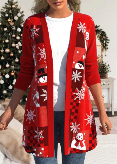 Plus Size Red Christmas Snowman Print Long Sleeve Coat