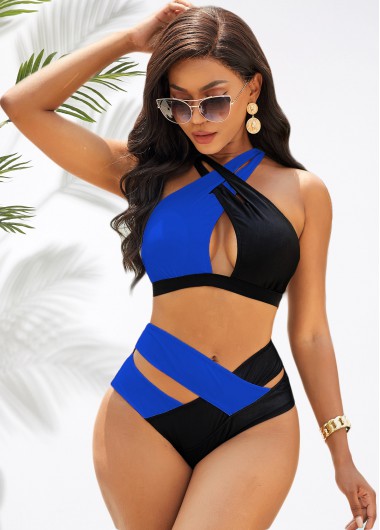 ROTITA Contrast Criss Cross Blue Bikini Top