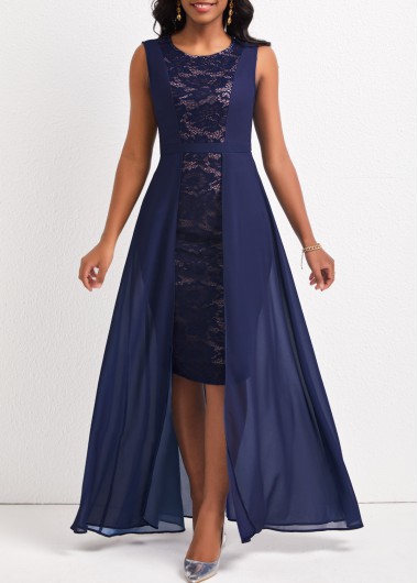 Lace Navy Sleeveless Round Neck Maxi Dress