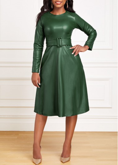 ROTITA Green Belted Boat Neck Long Sleeve Dress