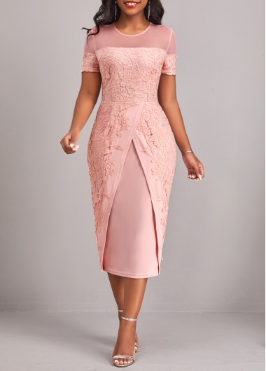Light Pink Round Neck Short Sleeve Lace Bodycon Dress