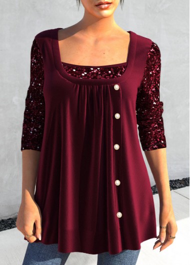 Fake 2in1 Square Neck Wine Red T Shirt