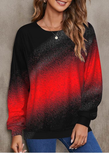 ROTITA Ombre Red Round Neck Long Sleeve Sweatshirt