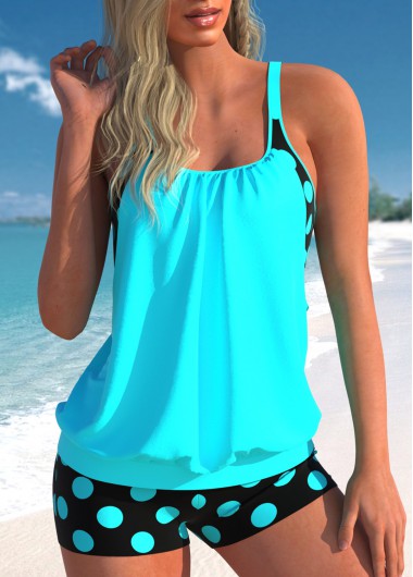 Polka Dot Fake 2in1 Cyan Tankini Top