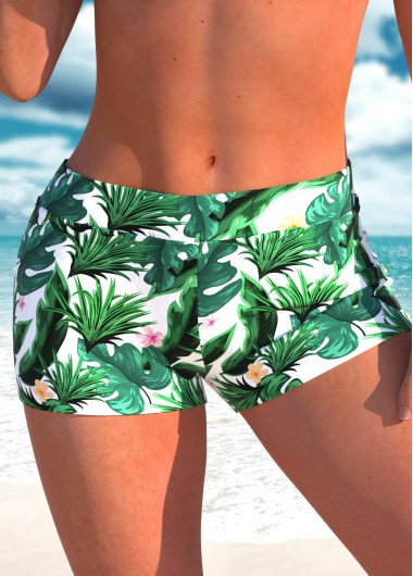Green High Waisted Tropical Plants Print Swim Shorts